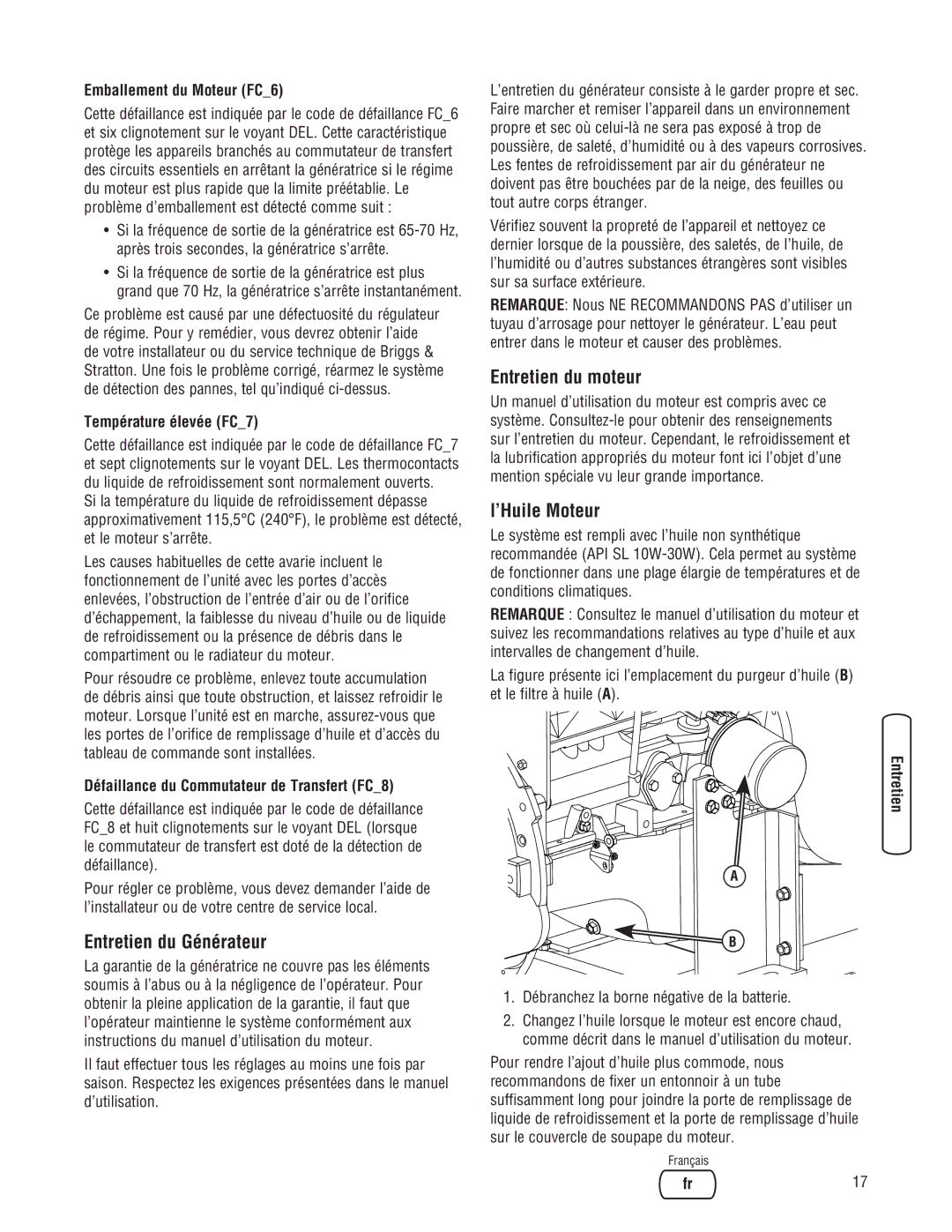 Briggs & Stratton 205051GS system manual Entretien du Générateur, Entretien du moteur, ’Huile Moteur 