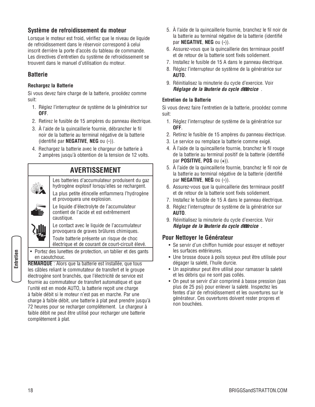 Briggs & Stratton 205051GS system manual Système de refroidissement du moteur, Batterie, Pour Nettoyer le Générateur 