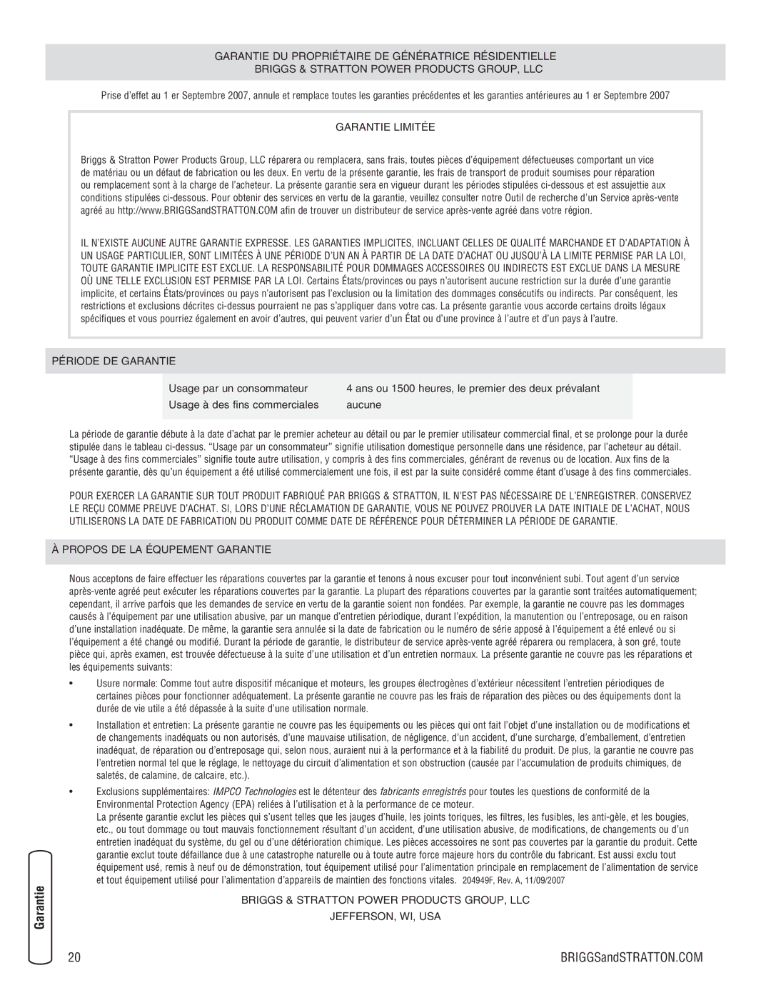 Briggs & Stratton 205051GS system manual Sécurité Instalación Commandes, Fonctionnement Entretien Dépannage Garantie 