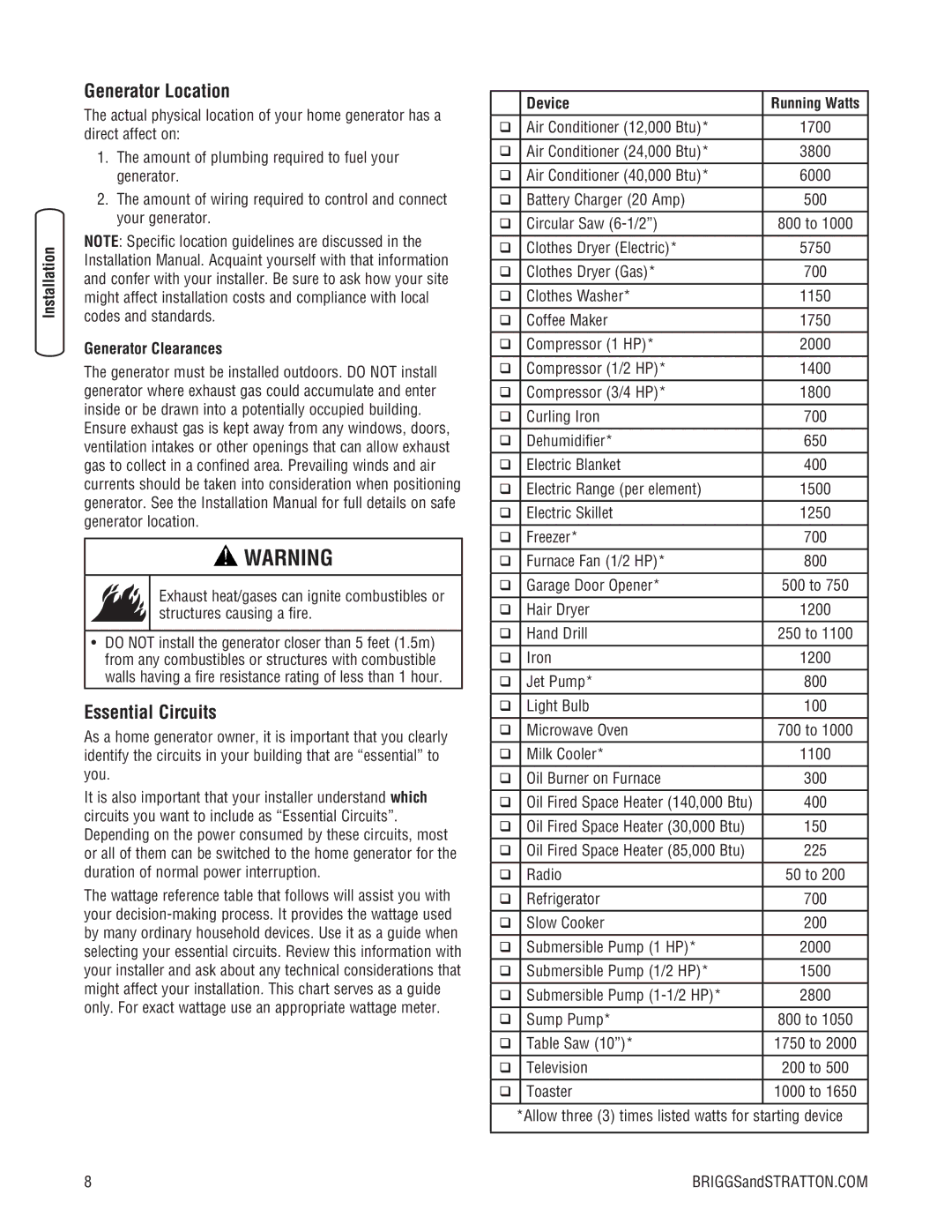 Briggs & Stratton 205051GS system manual Generator Location, Essential Circuits 