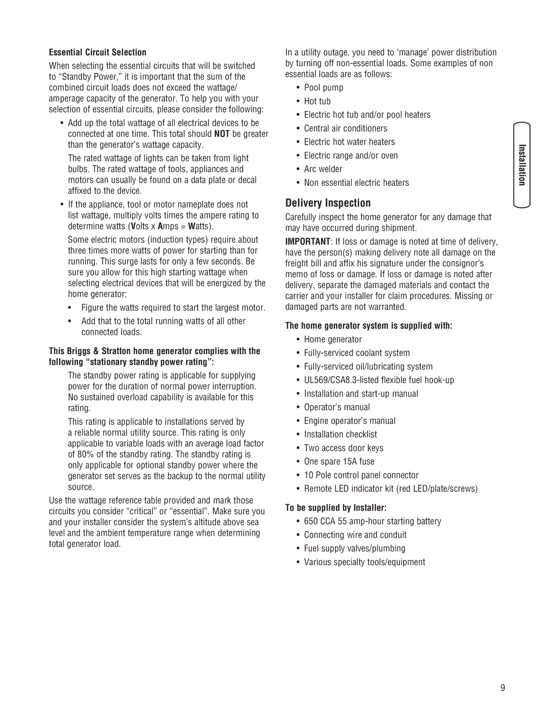 Briggs & Stratton 205051GS Delivery Inspection, Essential Circuit Selection, Home generator system is supplied with 