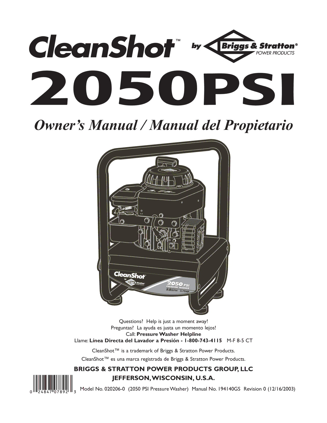 Briggs & Stratton 2050PSI owner manual 