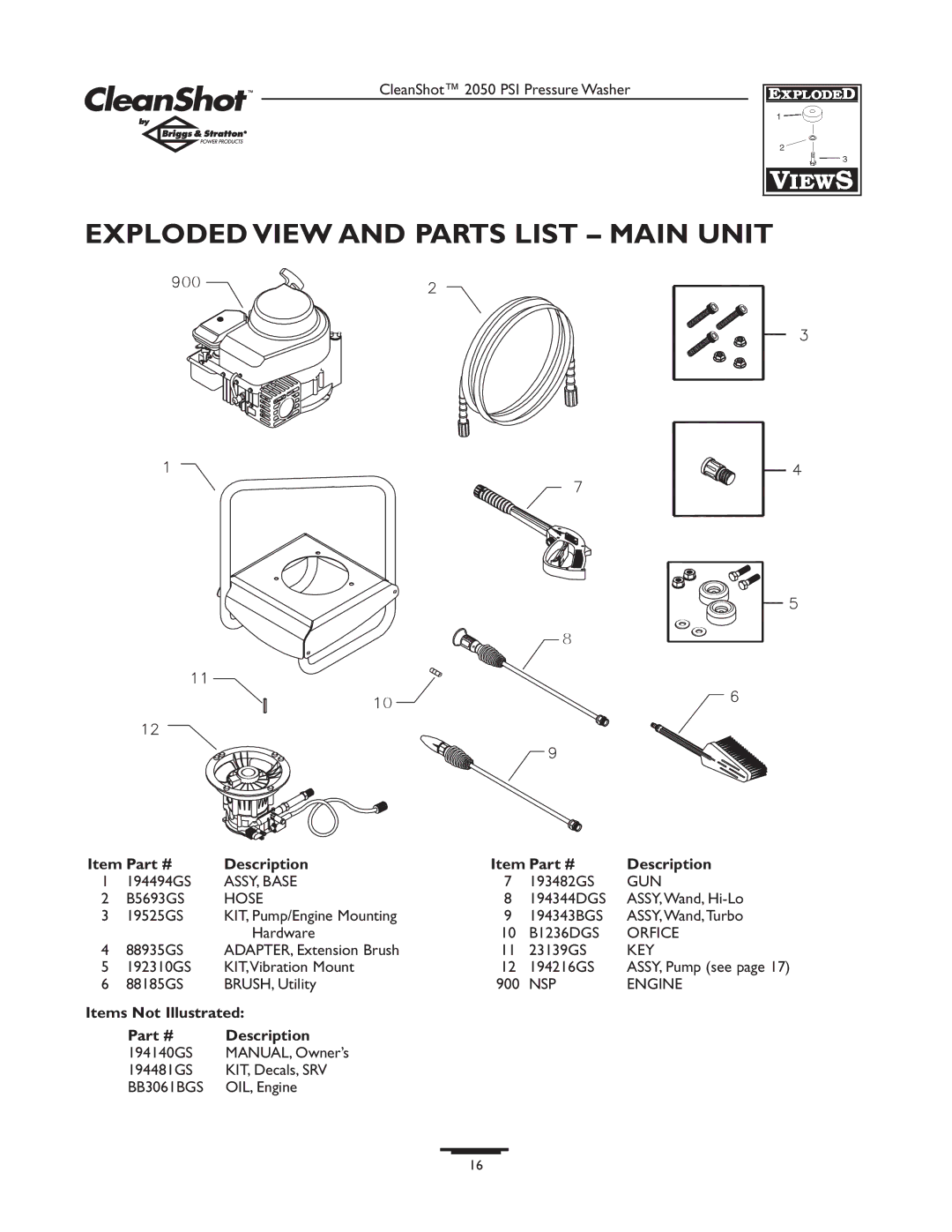 Briggs & Stratton 2050PSI owner manual Exploded View and Parts List Main Unit, Items Not Illustrated Description 