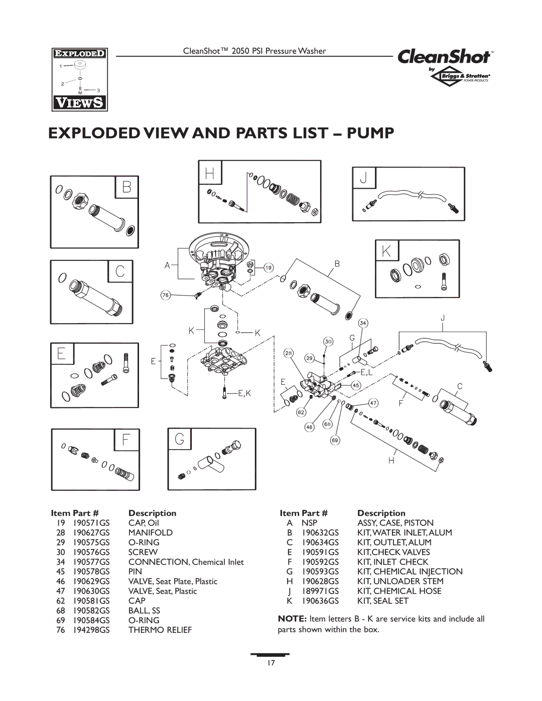 Briggs & Stratton 2050PSI owner manual Exploded View and Parts List Pump 