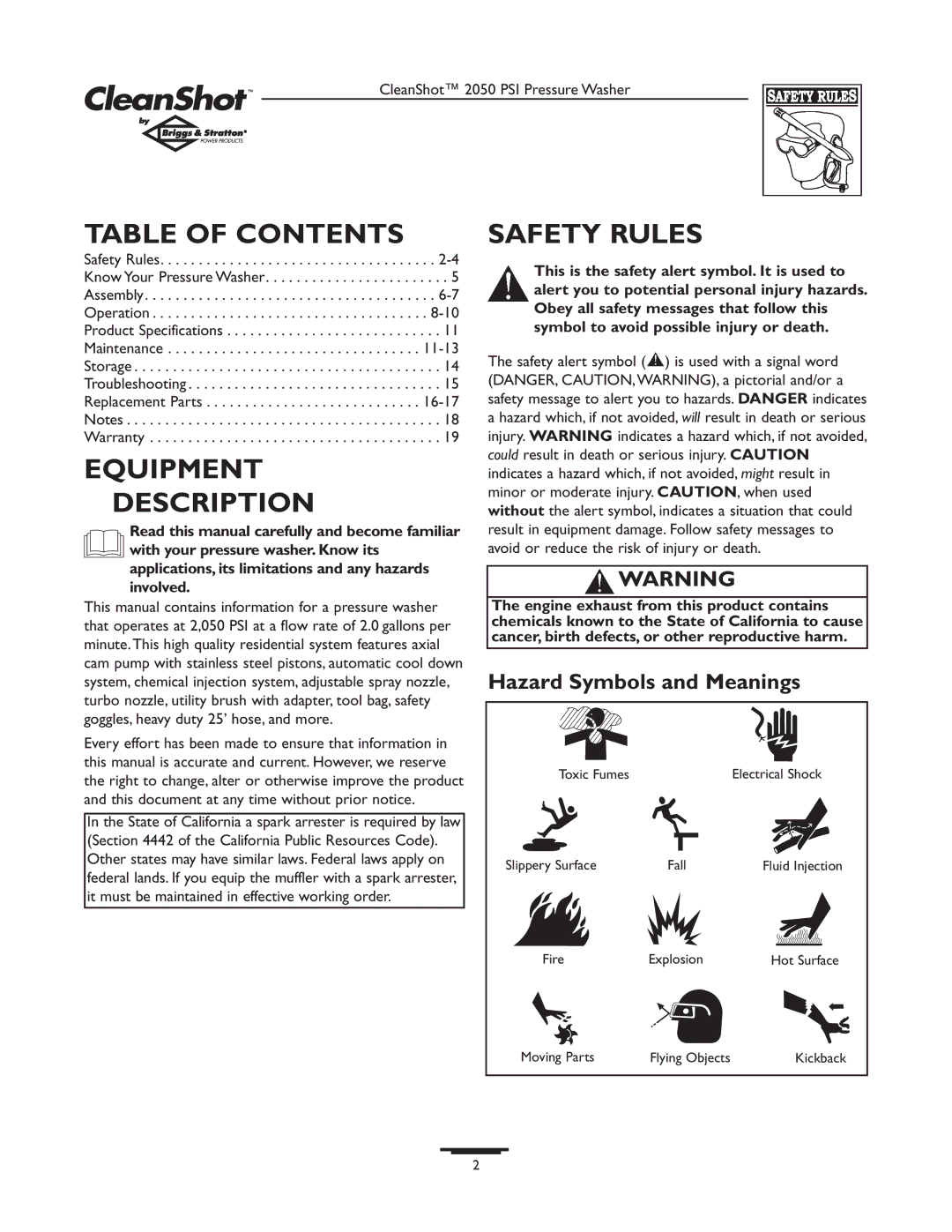 Briggs & Stratton 2050PSI owner manual Table of Contents, Equipment Description, Safety Rules 