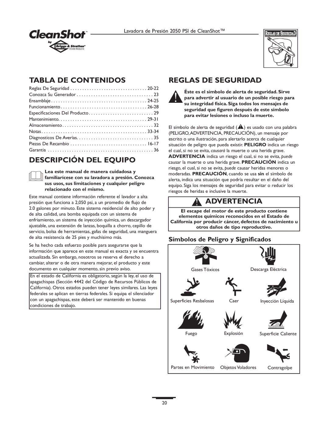 Briggs & Stratton 2050PSI owner manual Tabla DE Contenidos, Descripción DEL Equipo, Reglas DE Seguridad, Advertencia 