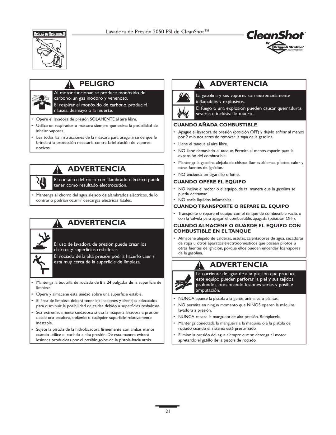 Briggs & Stratton 2050PSI owner manual Peligro, Cuando Añada Combustible 