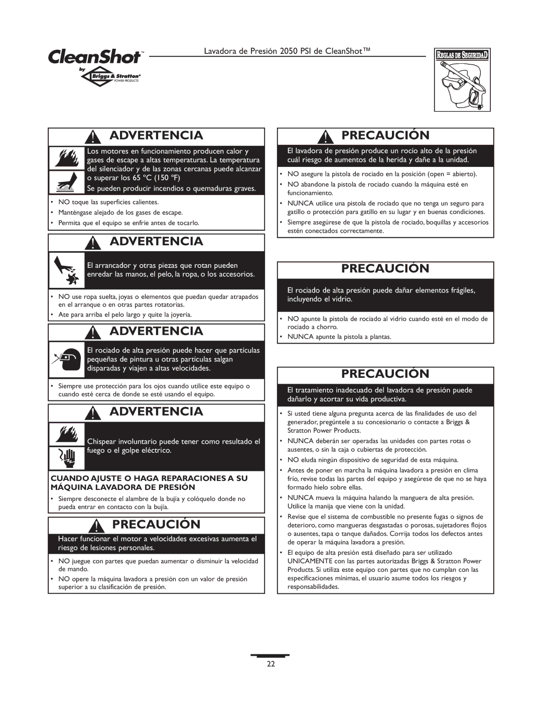 Briggs & Stratton 2050PSI owner manual Precaución 