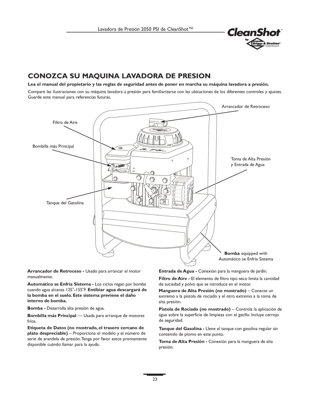 Briggs & Stratton 2050PSI owner manual Conozca SU Maquina Lavadora DE Presion 