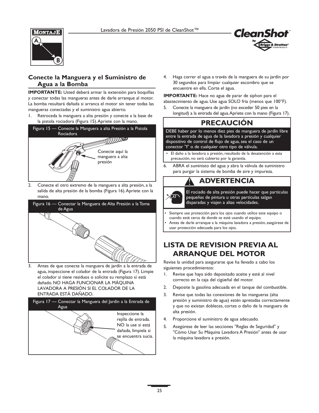 Briggs & Stratton 2050PSI owner manual Lista DE Revision Previa AL Arranque DEL Motor 