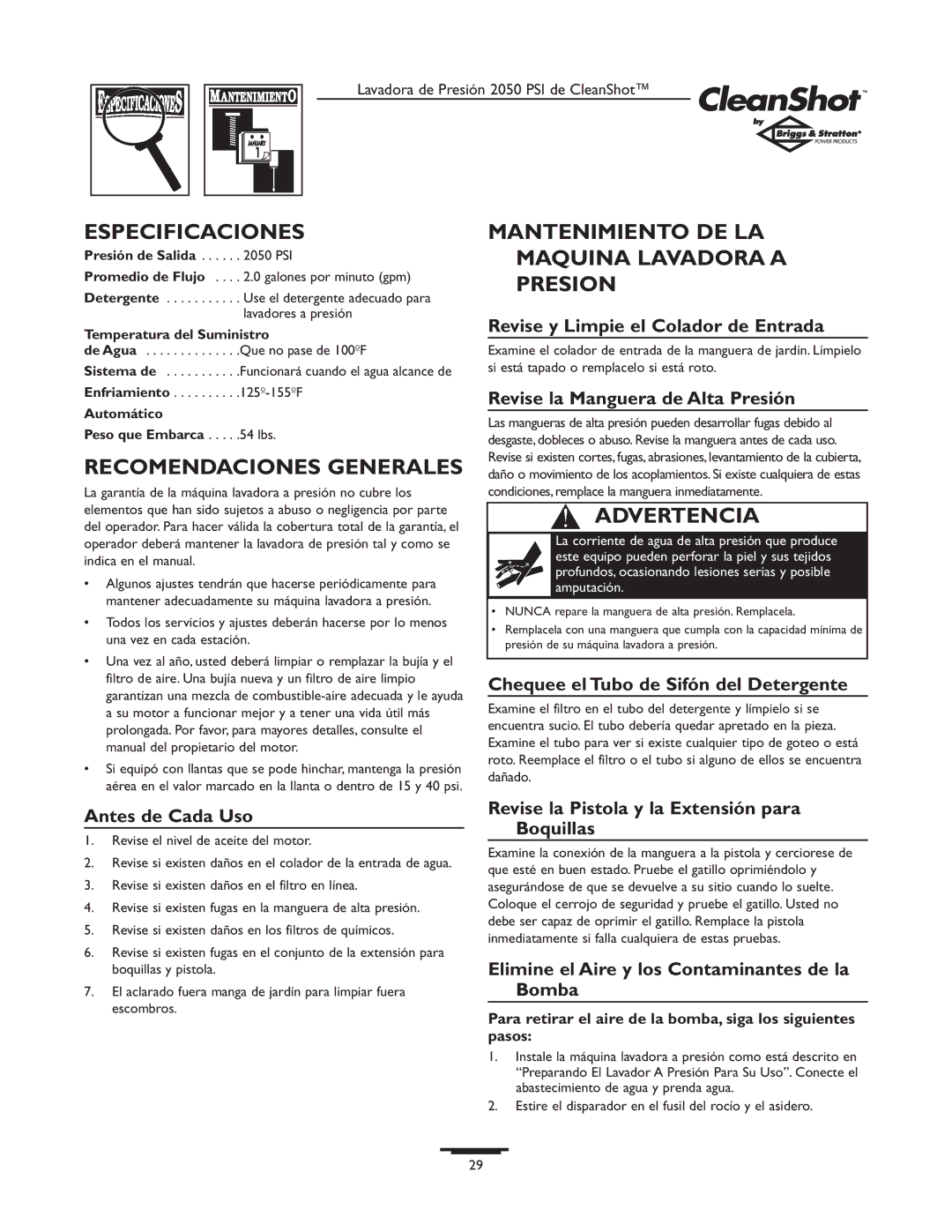 Briggs & Stratton 2050PSI Especificaciones, Recomendaciones Generales, Mantenimiento DE LA Maquina Lavadora a Presion 