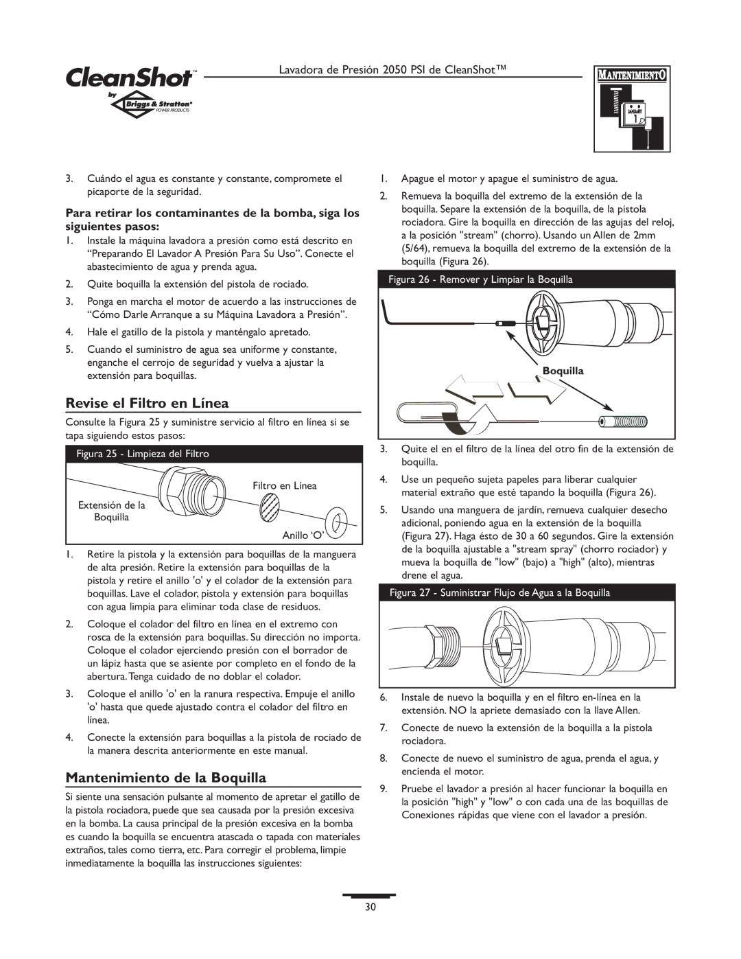 Briggs & Stratton 2050PSI owner manual Revise el Filtro en Línea, Mantenimiento de la Boquilla 