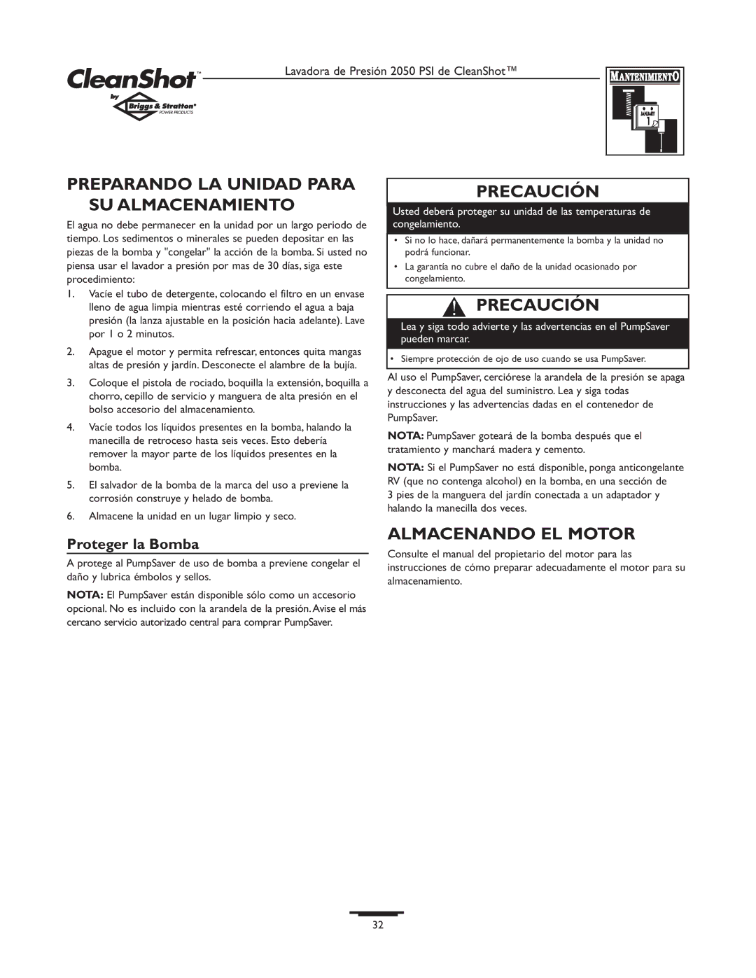 Briggs & Stratton 2050PSI owner manual Preparando LA Unidad Para SU Almacenamiento, Almacenando EL Motor, Proteger la Bomba 