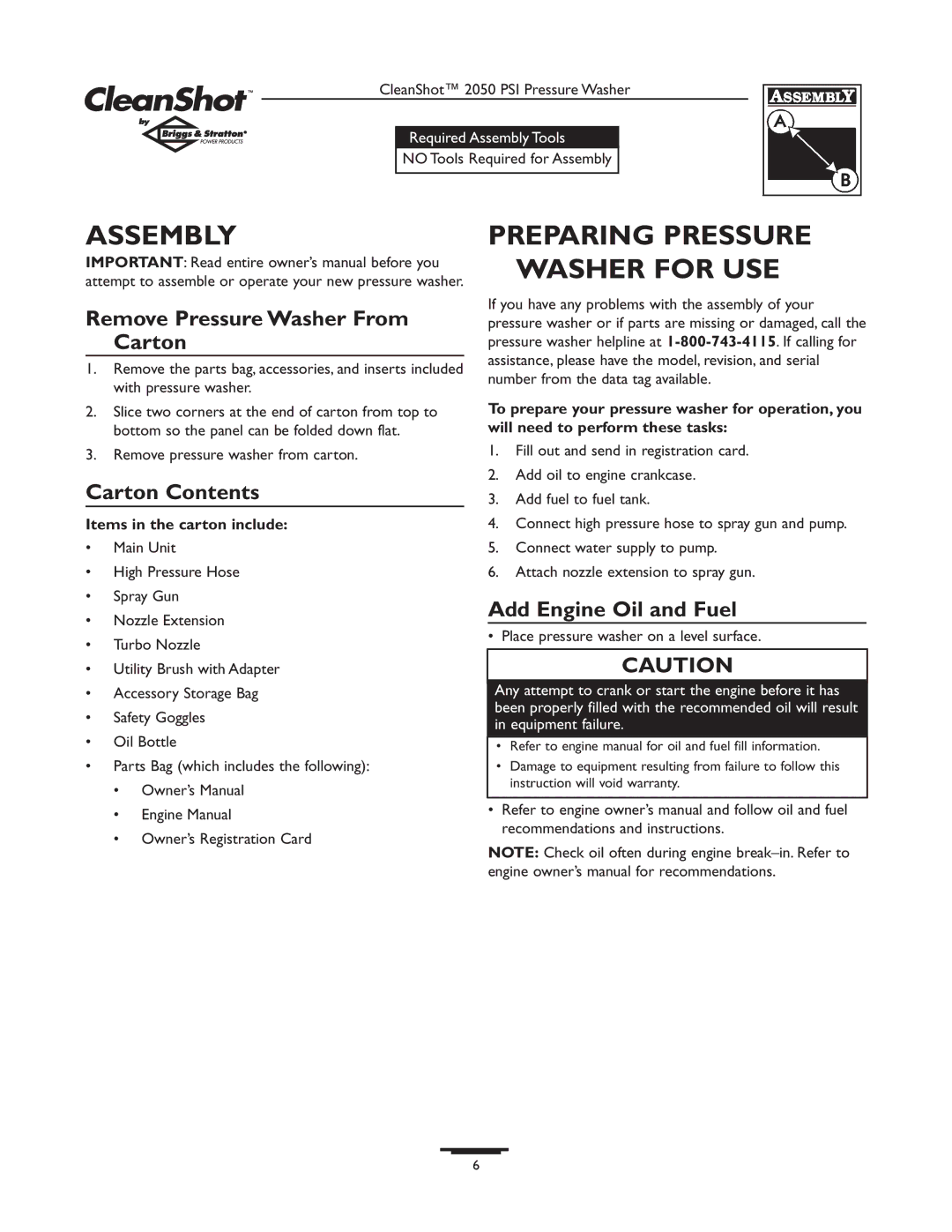 Briggs & Stratton 2050PSI Assembly, Preparing Pressure Washer for USE, Remove Pressure Washer From Carton, Carton Contents 