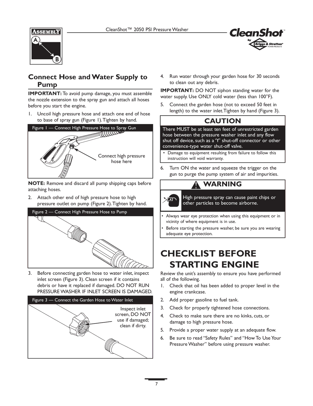 Briggs & Stratton 2050PSI owner manual Checklist Before Starting Engine, Connect Hose and Water Supply to Pump 