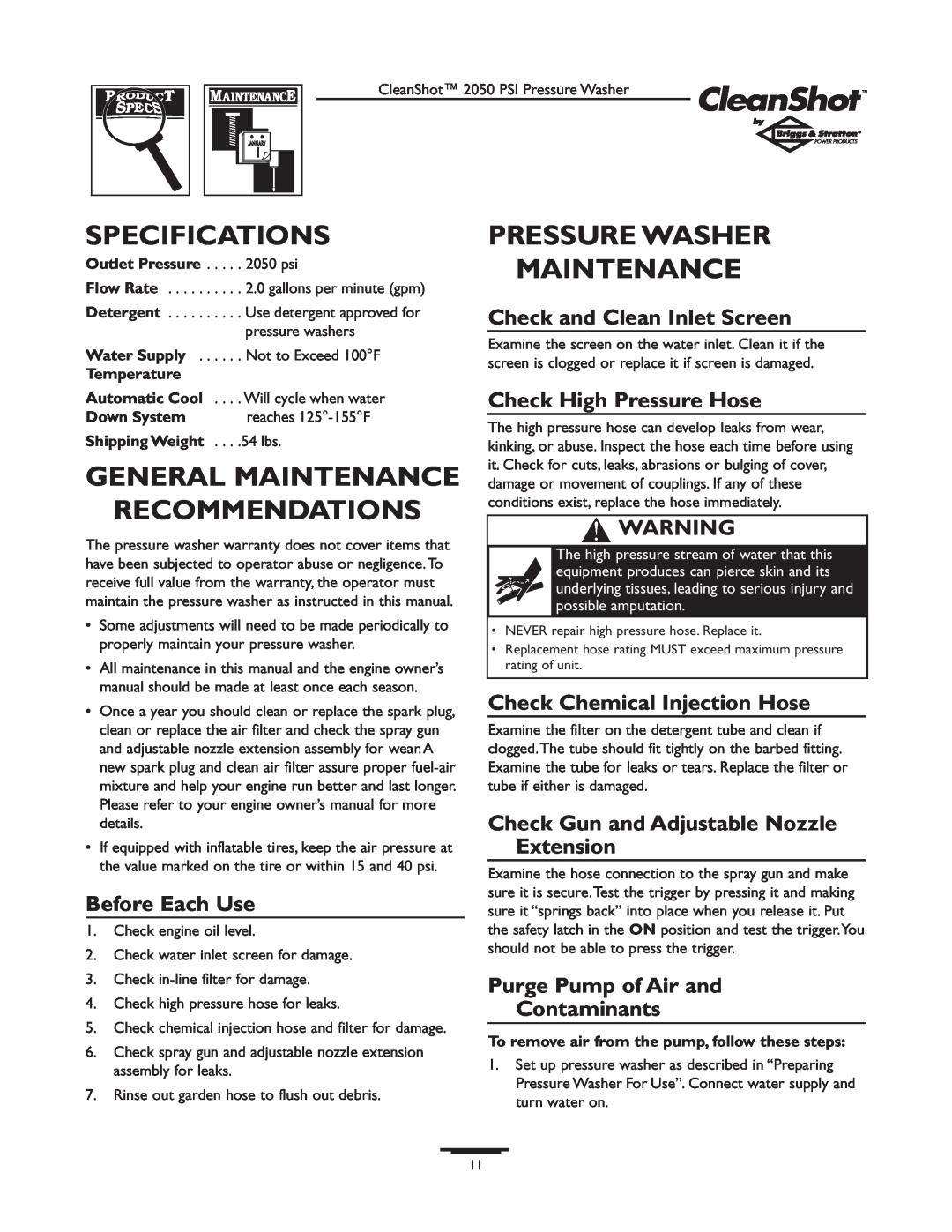 Briggs & Stratton 2050PSI Specifications, General Maintenance Recommendations, Pressure Washer Maintenance, Temperature 