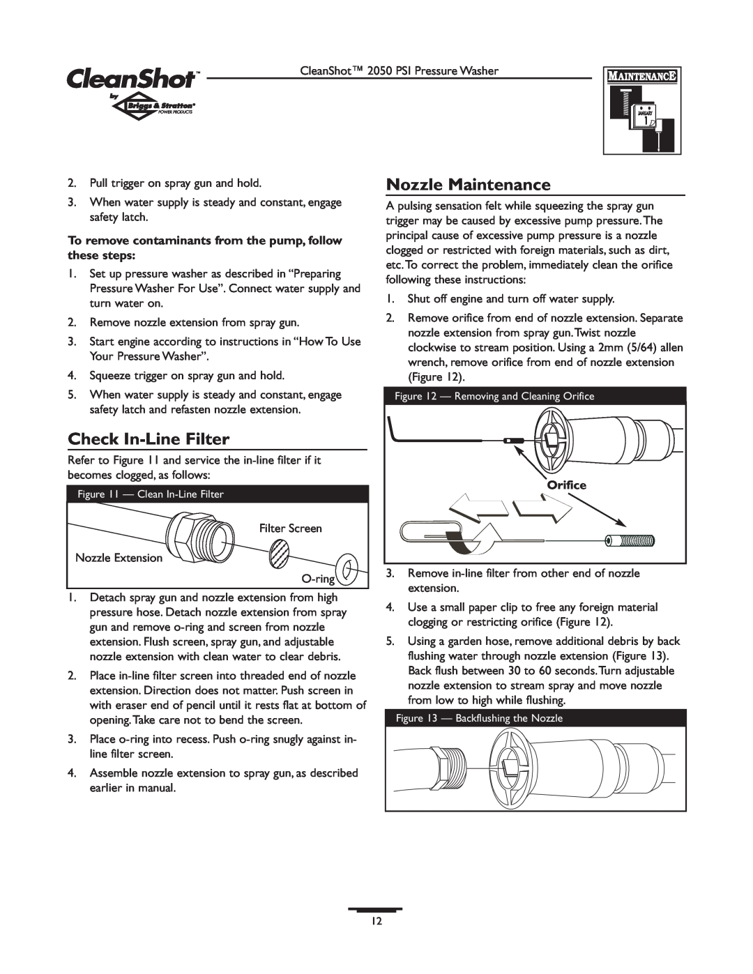 Briggs & Stratton 2050PSI owner manual Nozzle Maintenance, Check In-LineFilter, Orifice 