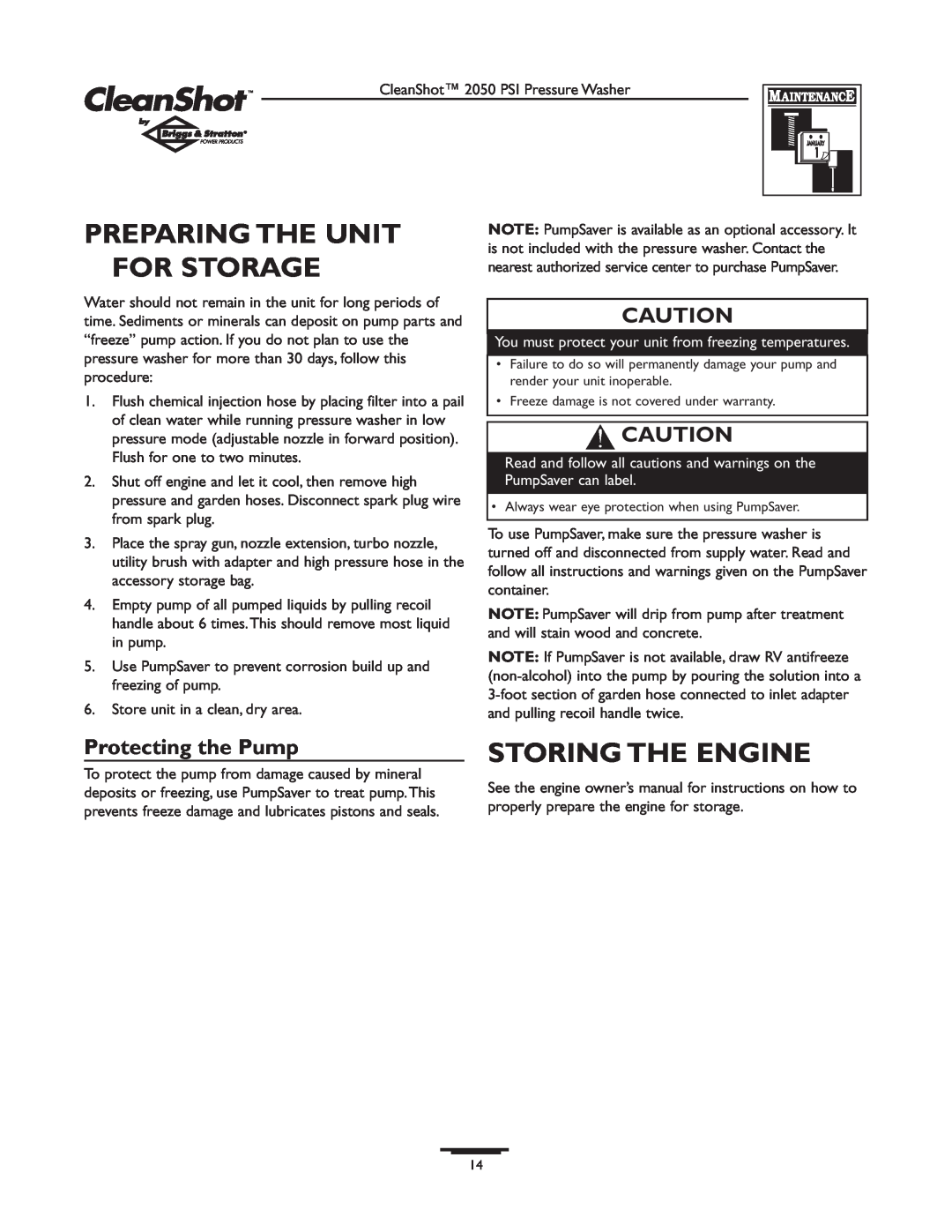 Briggs & Stratton 2050PSI owner manual Preparing The Unit For Storage, Storing The Engine, Protecting the Pump 
