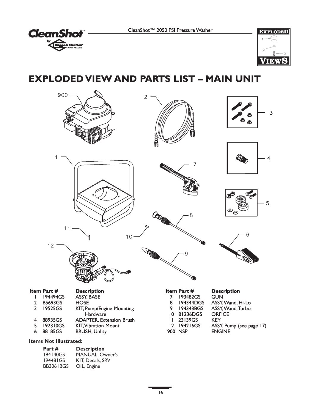 Briggs & Stratton 2050PSI owner manual Exploded View And Parts List - Main Unit, Description, Items Not Illustrated 