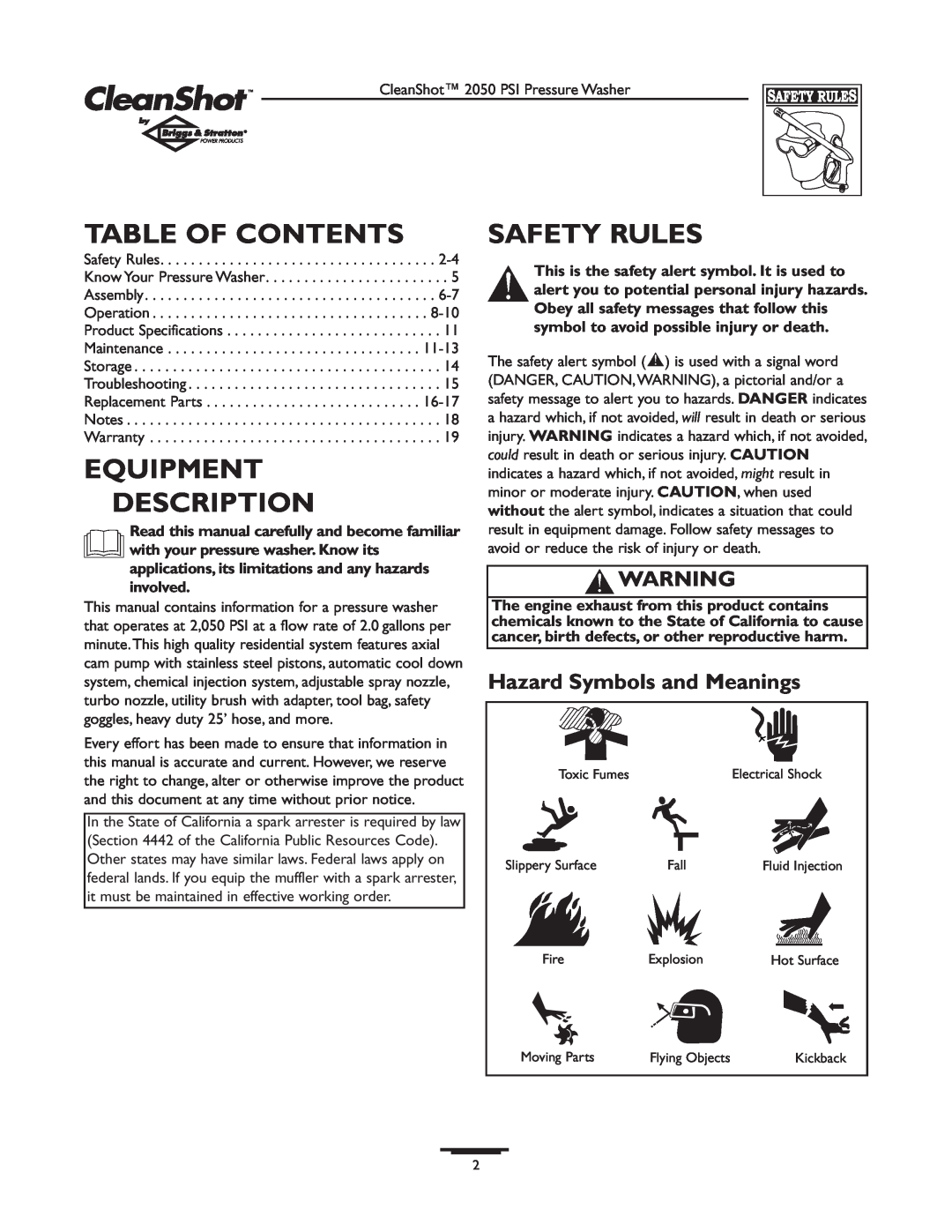 Briggs & Stratton 2050PSI owner manual Table Of Contents, Equipment Description, Safety Rules, Hazard Symbols and Meanings 