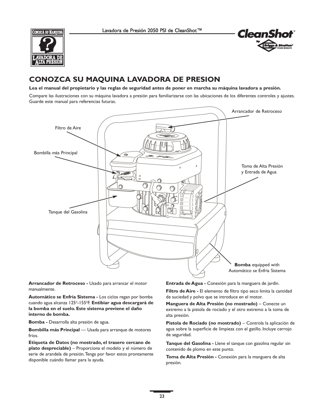Briggs & Stratton 2050PSI owner manual Conozca Su Maquina Lavadora De Presion 