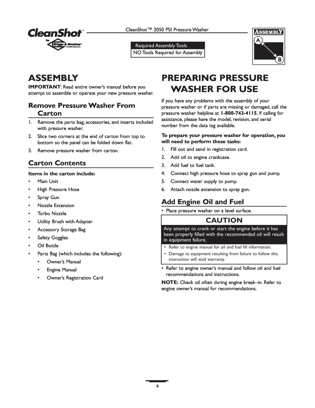 Briggs & Stratton 2050PSI Assembly, Preparing Pressure Washer For Use, Remove Pressure Washer From Carton, Carton Contents 