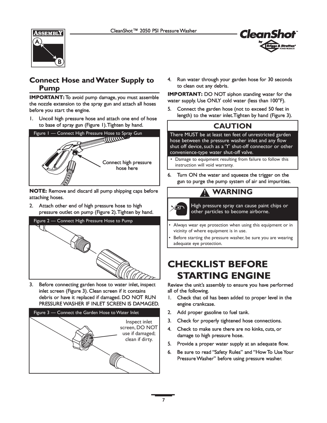 Briggs & Stratton 2050PSI owner manual Checklist Before Starting Engine, Connect Hose and Water Supply to Pump 