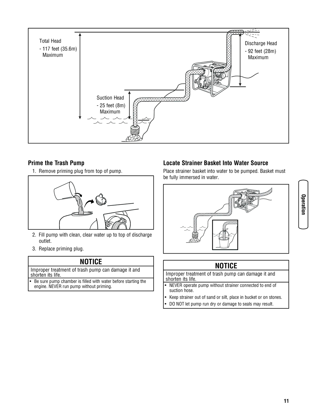 Briggs & Stratton 205378GS Total Head, Feet 35.6m, Suction Head Feet 8m Maximum, Remove priming plug from top of pump 