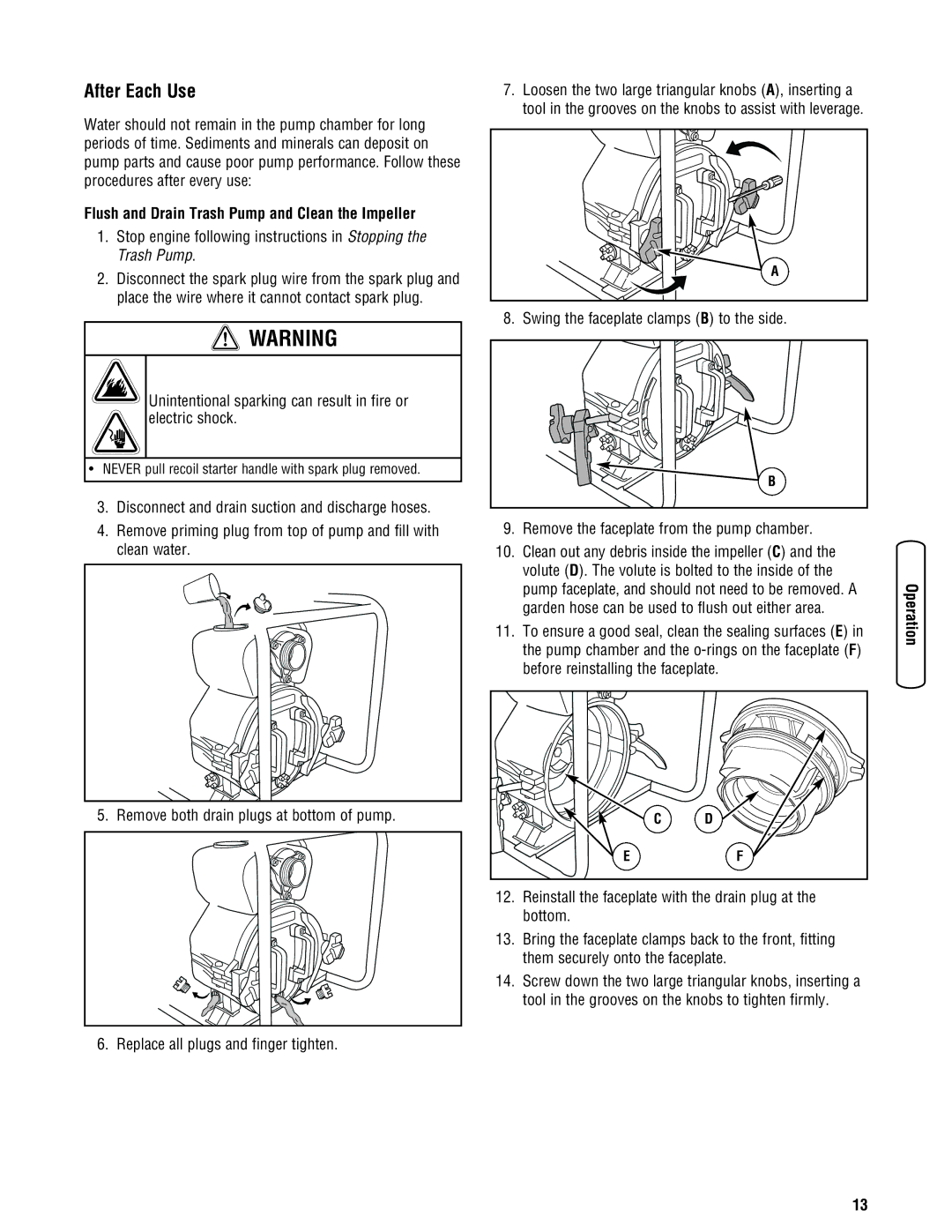 Briggs & Stratton 205378GS manual After Each Use, Flush and Drain Trash Pump and Clean the Impeller 