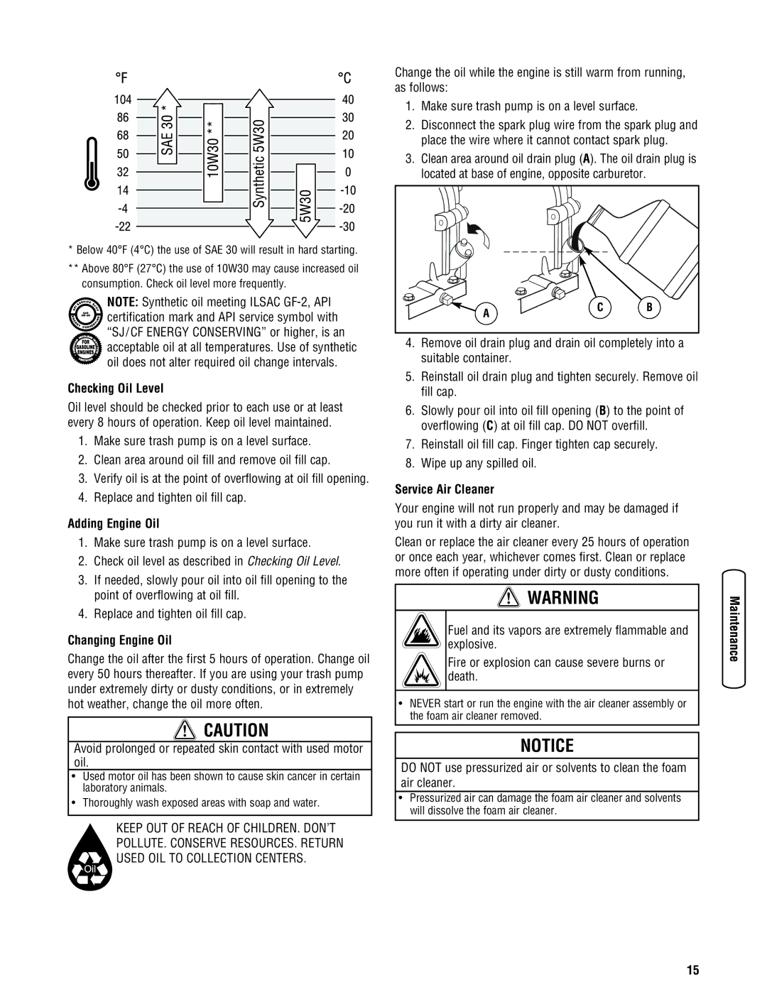 Briggs & Stratton 205378GS manual Checking Oil Level, Adding Engine Oil, Changing Engine Oil, Service Air Cleaner 