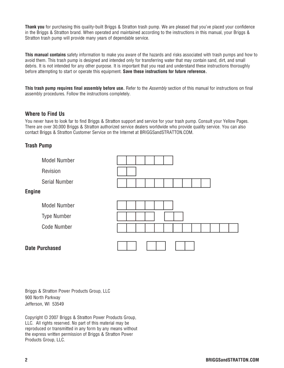 Briggs & Stratton 205378GS manual Where to Find Us, Trash Pump, Engine, Date Purchased 