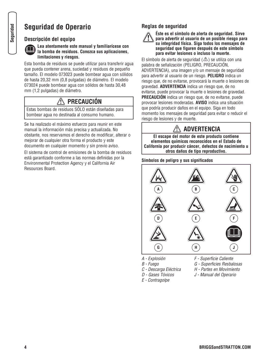 Briggs & Stratton 205378GS manual Seguridad de Operario, Descripción del equipo, Reglas de seguridad 