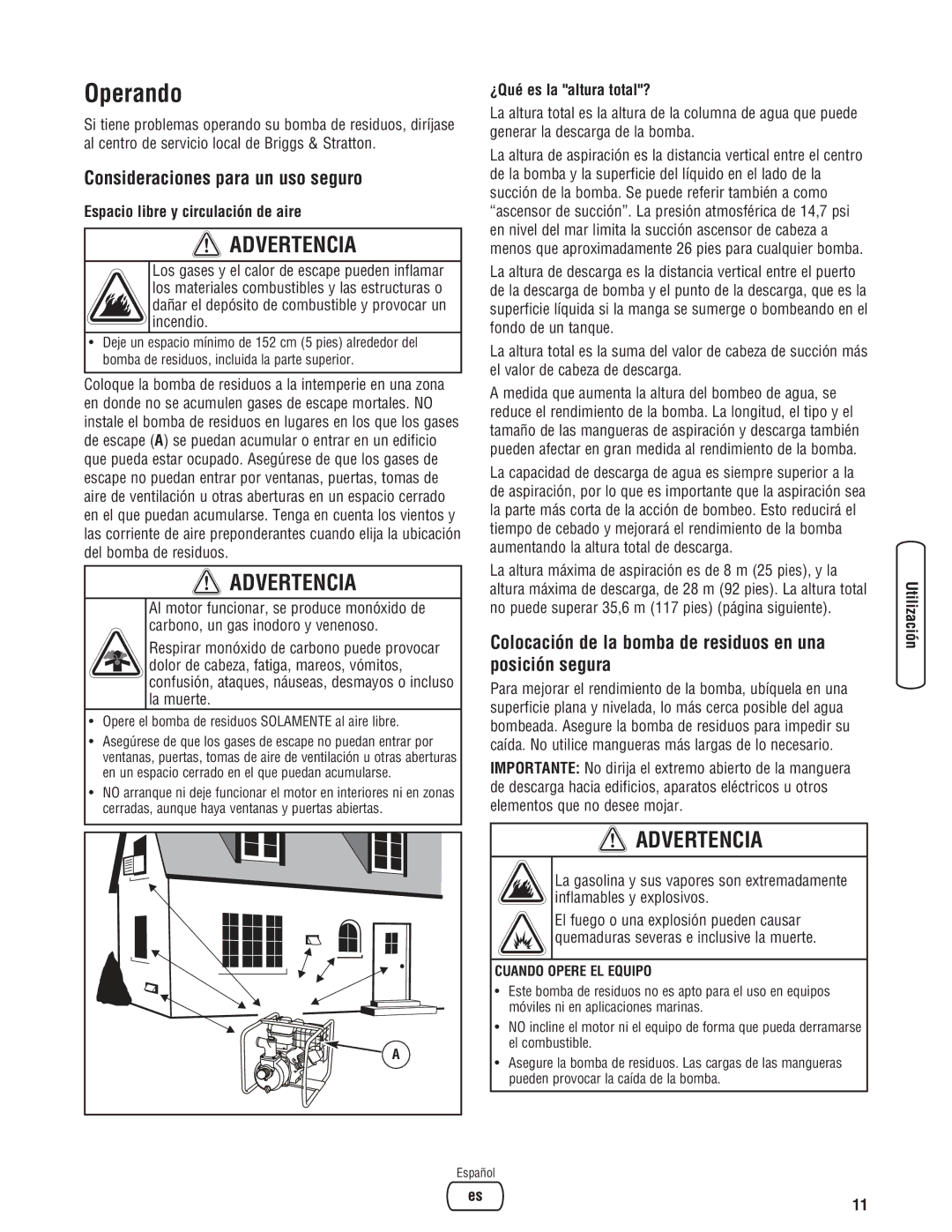 Briggs & Stratton 205378GS manual Operando, Consideraciones para un uso seguro, Espacio libre y circulación de aire 