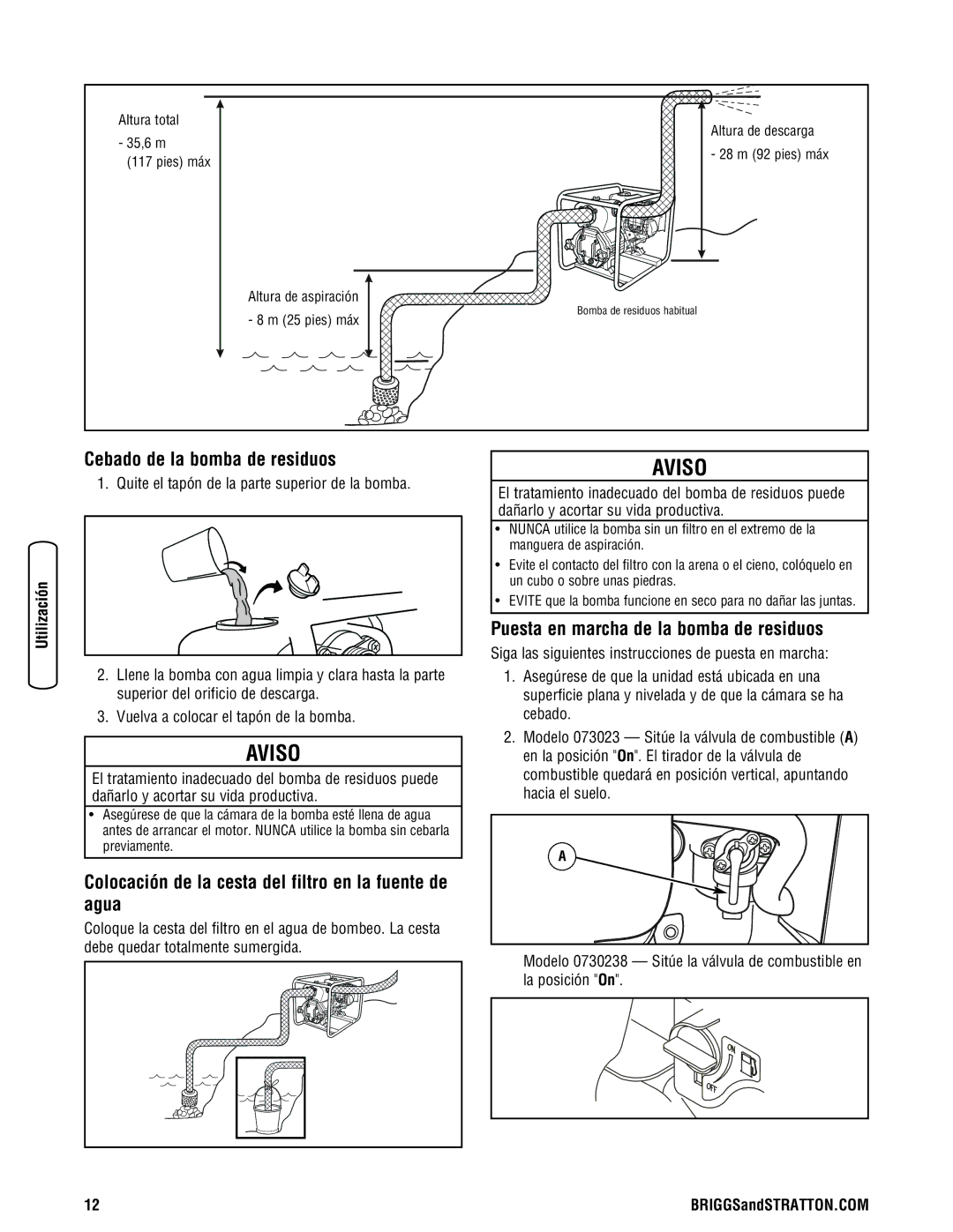 Briggs & Stratton 205378GS manual Cebado de la bomba de residuos, Colocación de la cesta del filtro en la fuente de agua 