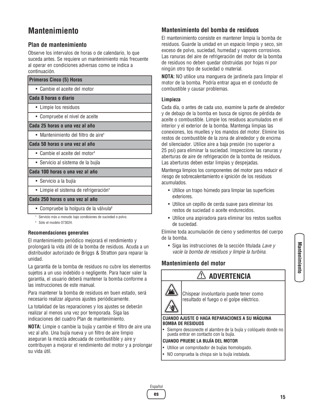 Briggs & Stratton 205378GS manual Plan de mantenimiento, Mantenimiento del bomba de residuos, Mantenimiento del motor 