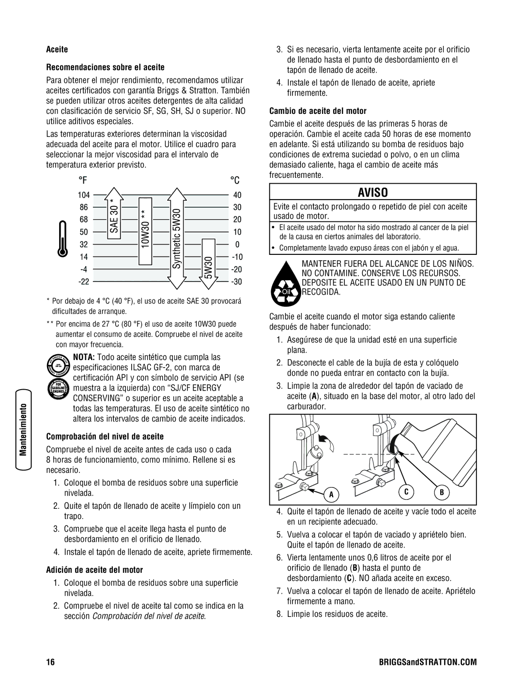 Briggs & Stratton 205378GS manual Aceite Recomendaciones sobre el aceite, Comprobación del nivel de aceite 