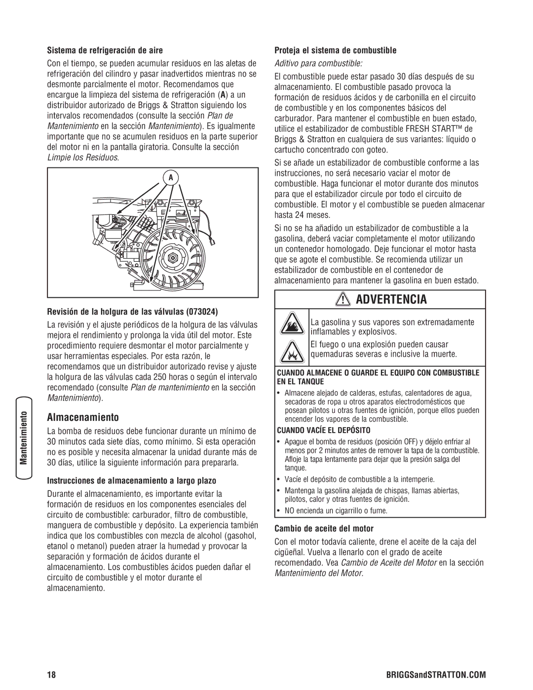 Briggs & Stratton 205378GS manual Almacenamiento, Sistema de refrigeración de aire, Revisión de la holgura de las válvulas 