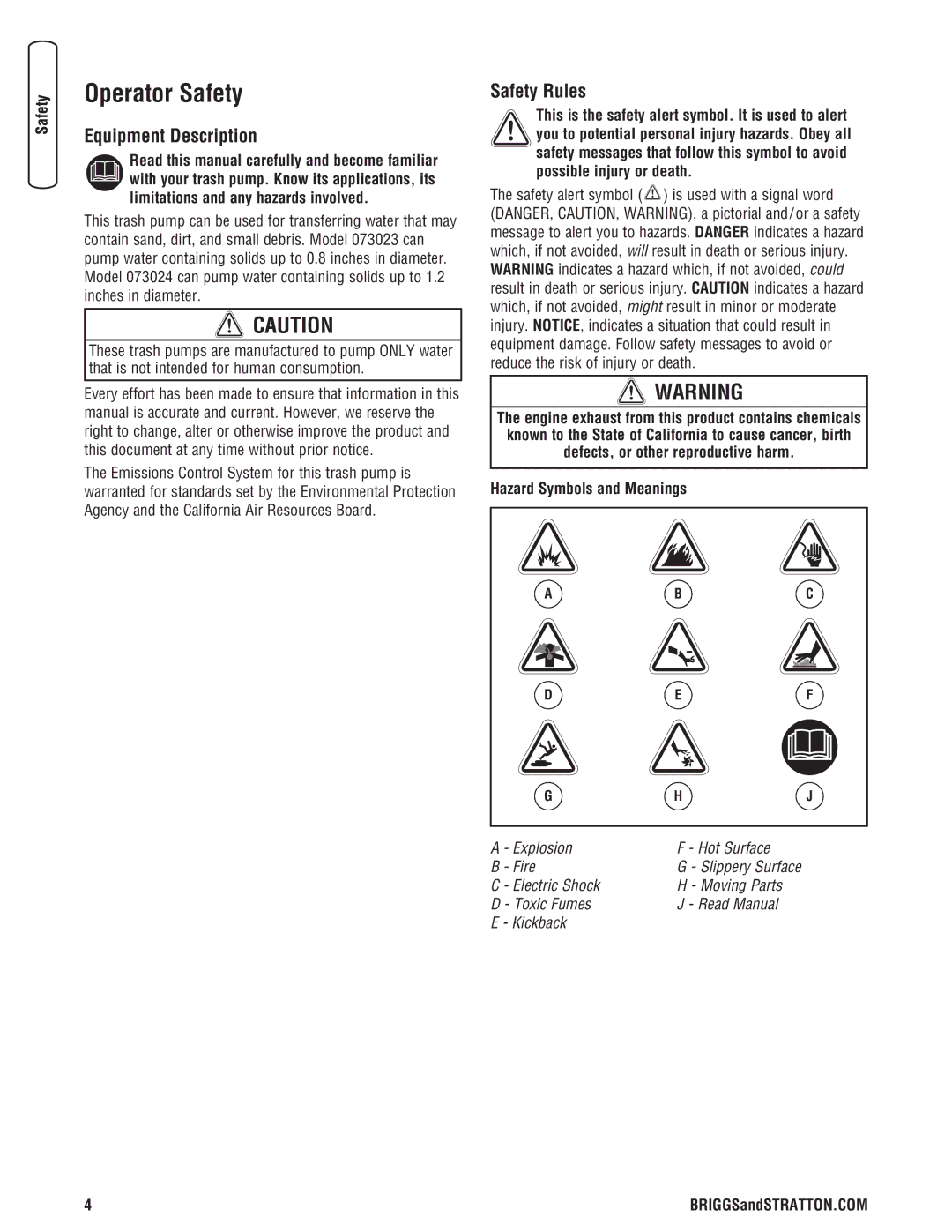 Briggs & Stratton 205378GS Operator Safety, Equipment Description, Safety Rules, Hazard Symbols and Meanings, Abc Def 