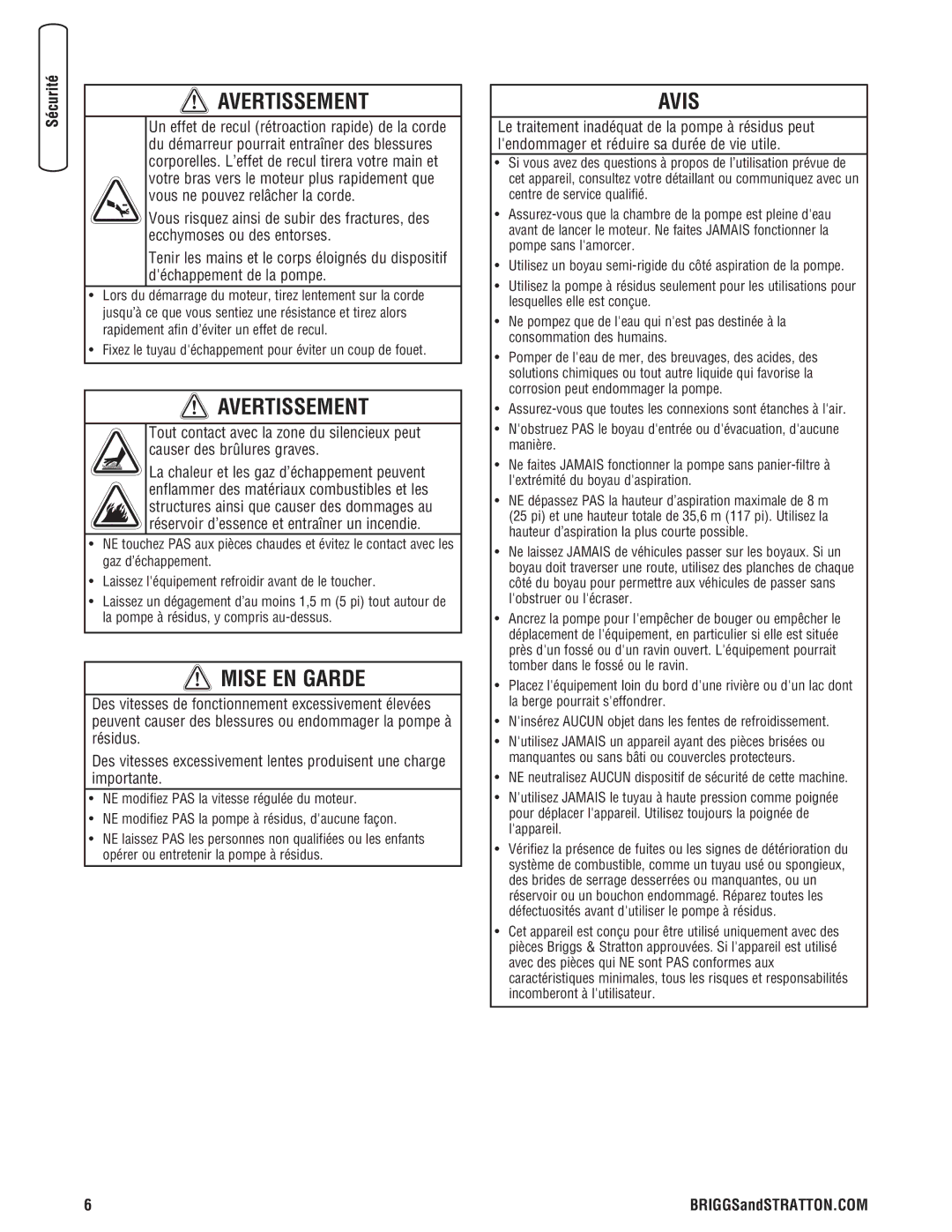 Briggs & Stratton 205378GS manual Avis 