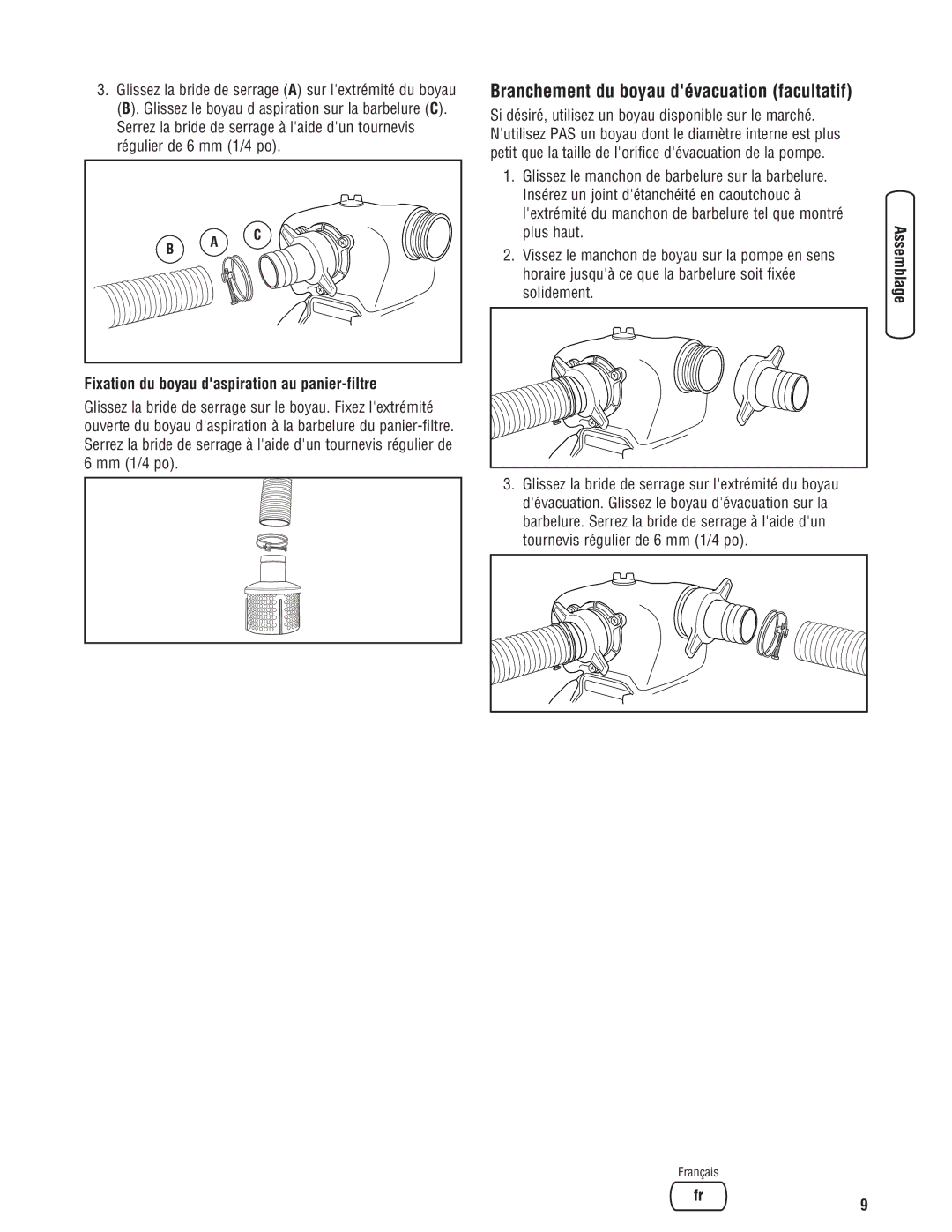Briggs & Stratton 205378GS Branchement du boyau dévacuation facultatif, Fixation du boyau daspiration au panier-filtre 