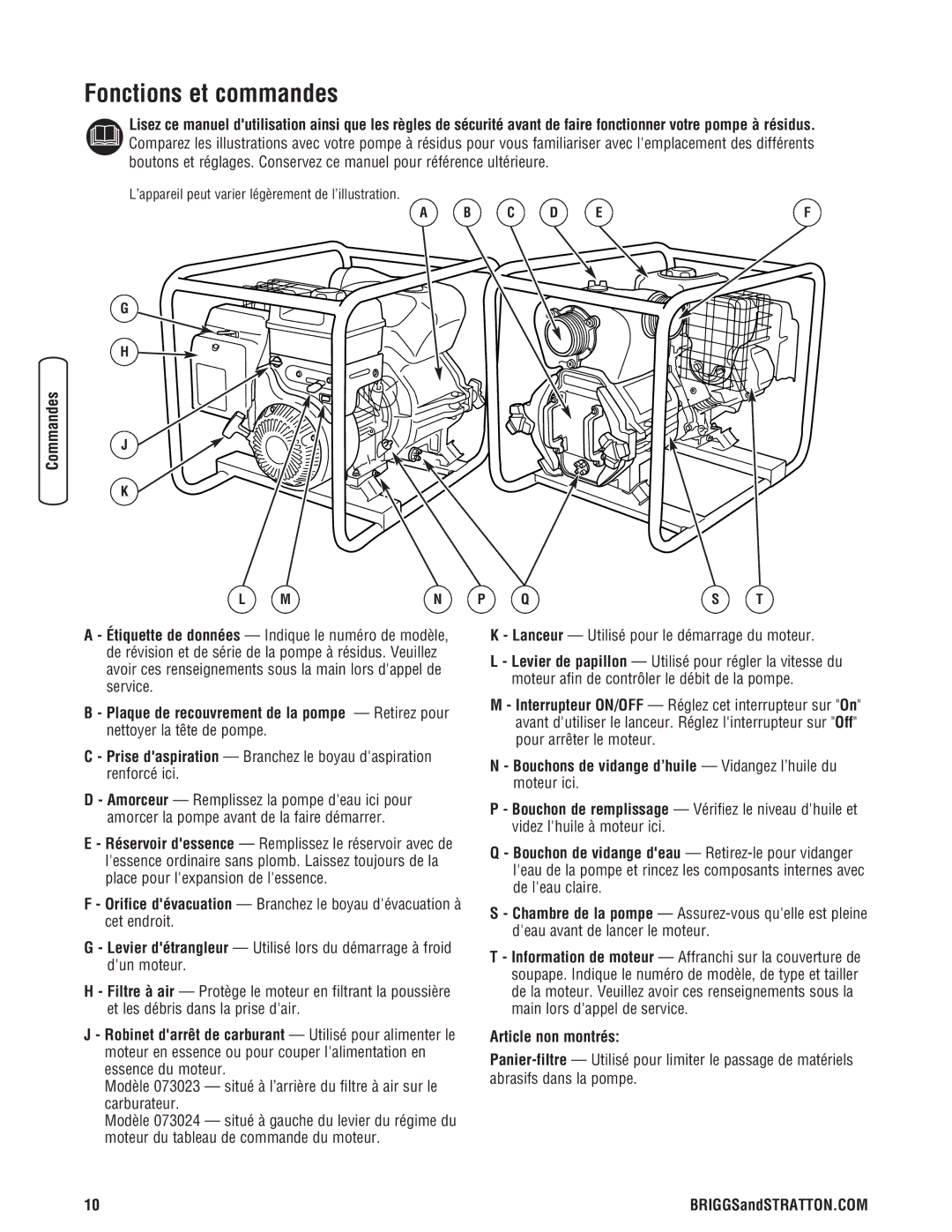 Briggs & Stratton 205378GS manual Fonctions et commandes, Lanceur Utilisé pour le démarrage du moteur, Article non montrés 