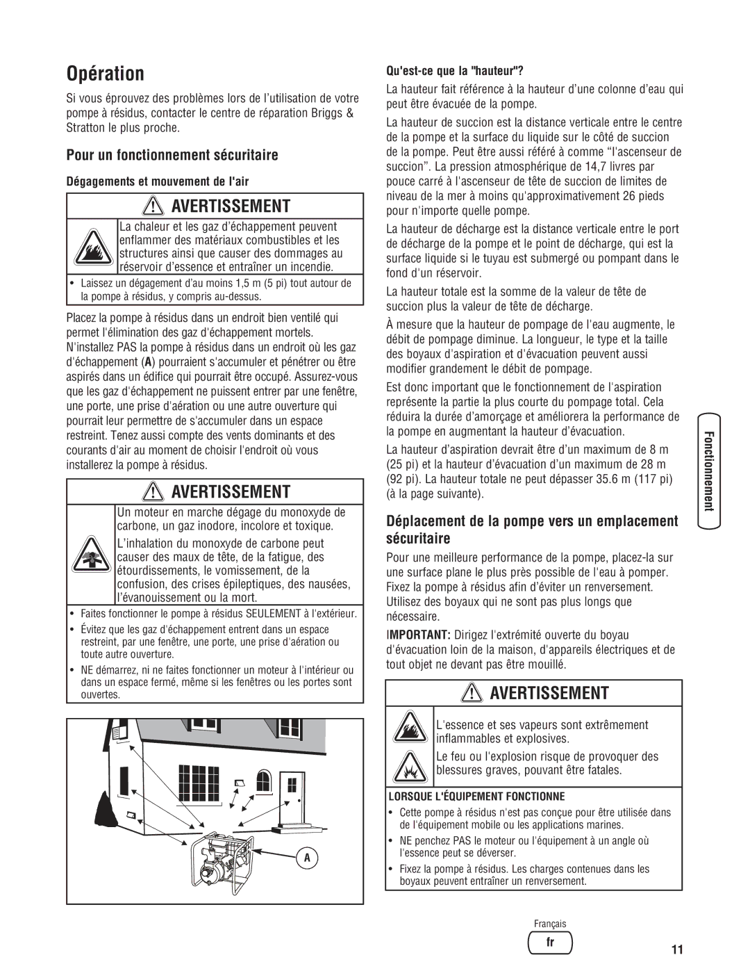 Briggs & Stratton 205378GS manual Opération, Pour un fonctionnement sécuritaire, Dégagements et mouvement de lair 