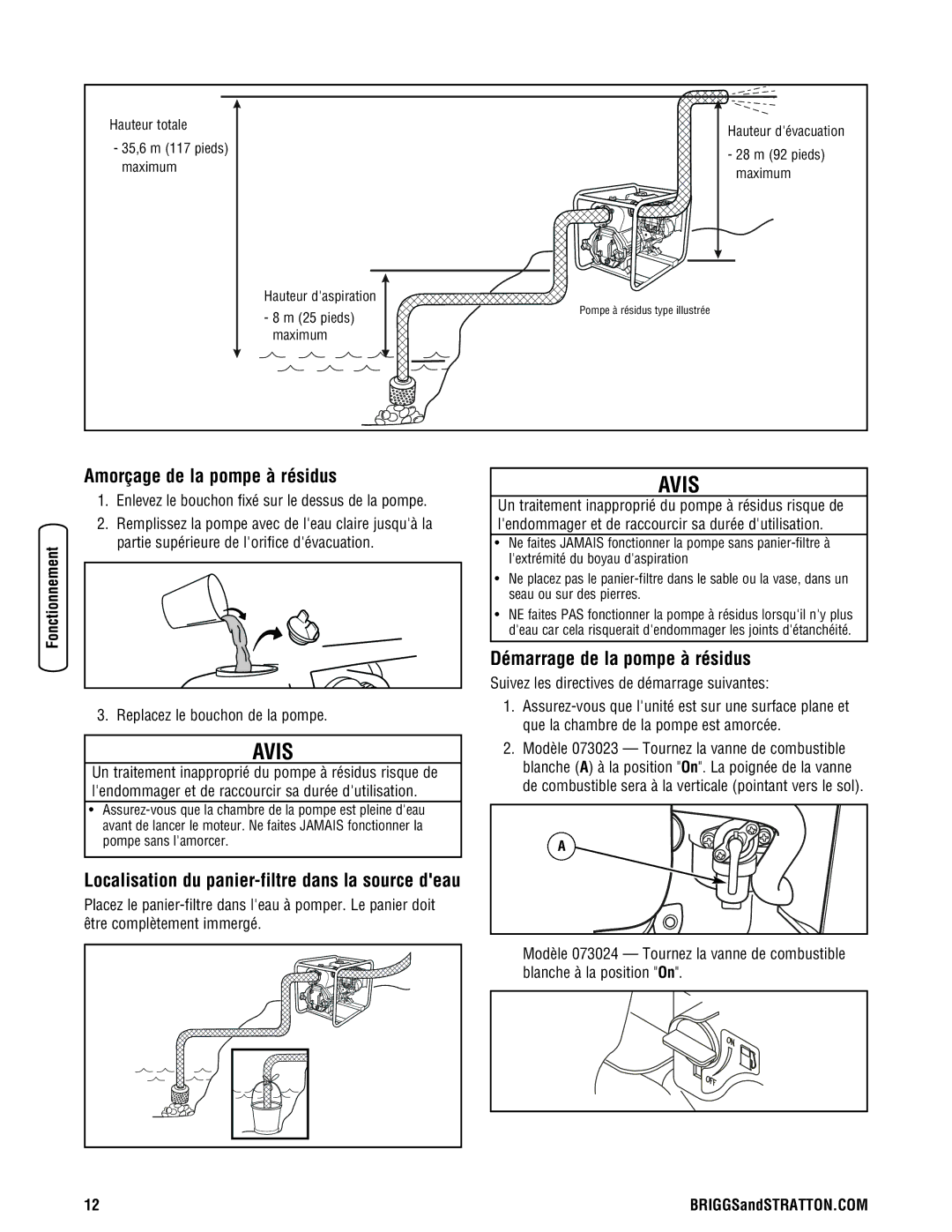 Briggs & Stratton 205378GS manual Amorçage de la pompe à résidus, Démarrage de la pompe à résidus 