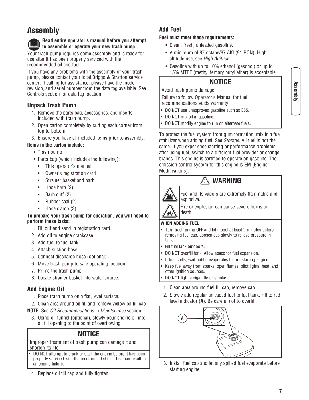 Briggs & Stratton 205378GS manual Assembly, Unpack Trash Pump, Add Engine Oil, Add Fuel 