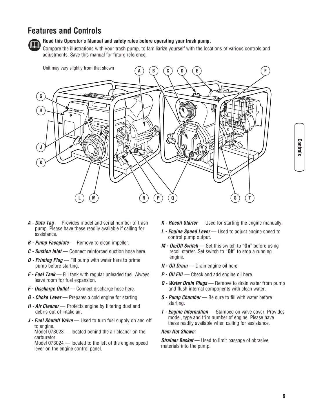 Briggs & Stratton 205378GS manual Features and Controls, Pump Chamber Be sure to fill with water before starting 