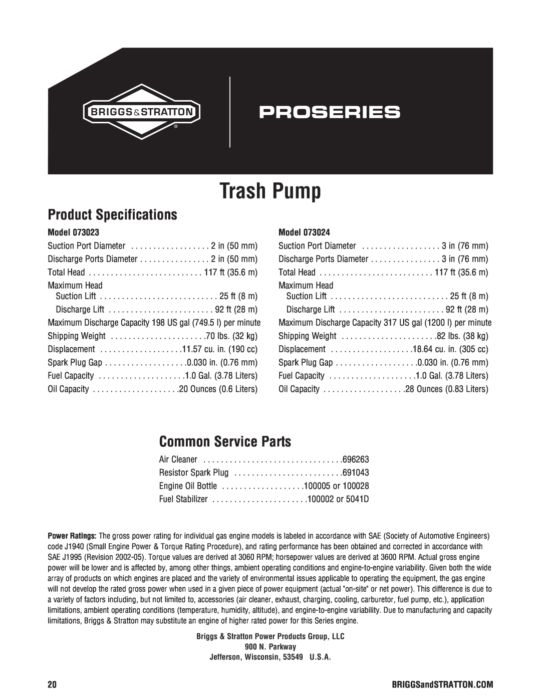 Briggs & Stratton 205378GS manual Product Specifications, Common Service Parts, Model, Trash Pump 
