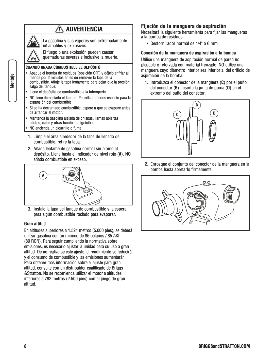 Briggs & Stratton 205378GS manual Fijación de la manguera de aspiración, Gran altitud, Advertencia 