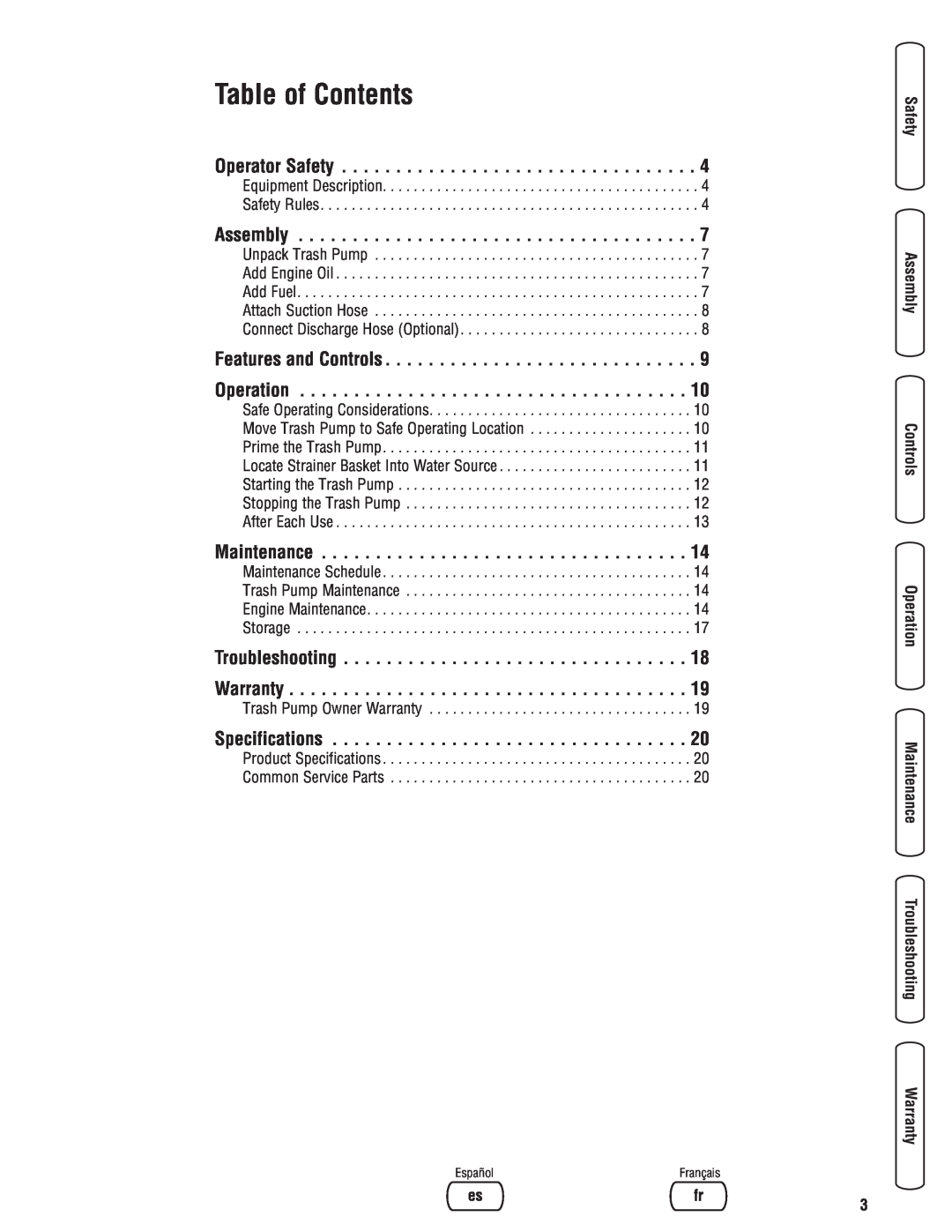 Briggs & Stratton 205378GS manual Table of Contents, Operator Safety, Assembly, Maintenance, Specifications 