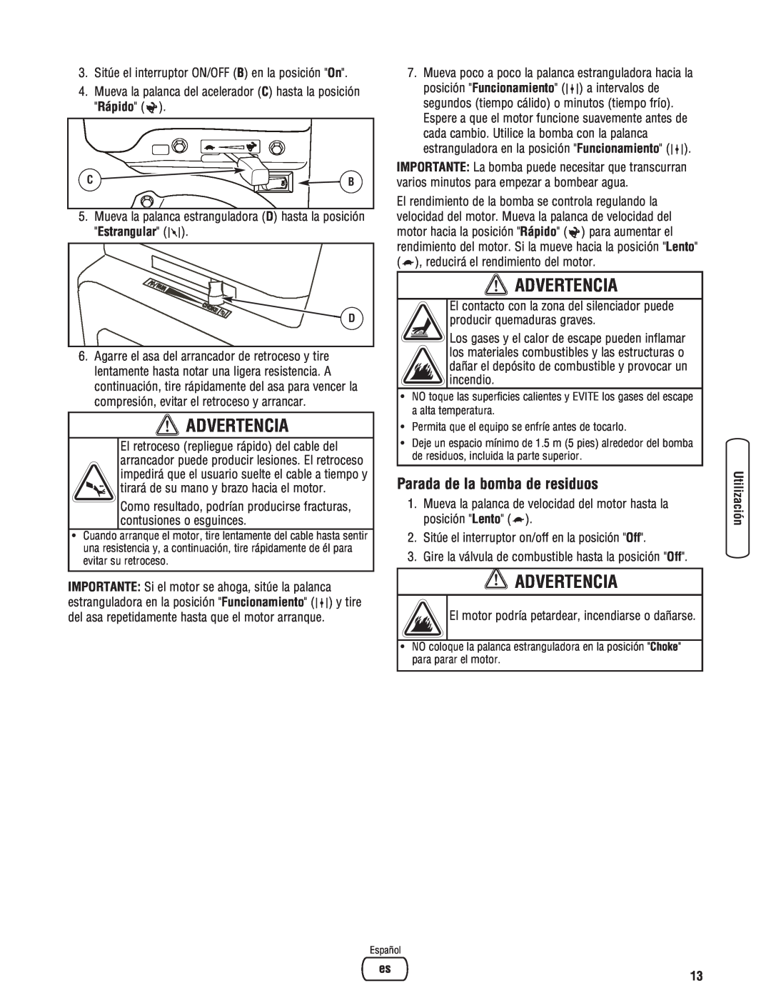 Briggs & Stratton 205378GS manual Parada de la bomba de residuos, Advertencia 
