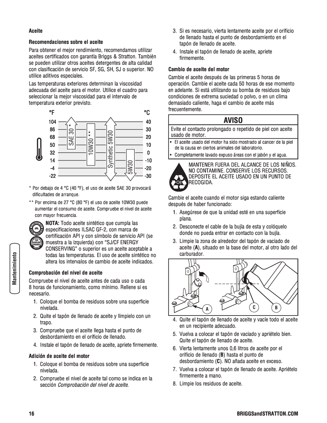 Briggs & Stratton 205378GS manual Aceite Recomendaciones sobre el aceite, Comprobación del nivel de aceite, Aviso 